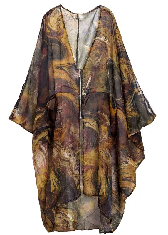 Casual Khaki Oversized Print Chiffon UPF 50  Coat Jacket Batwing Sleeve LY0334