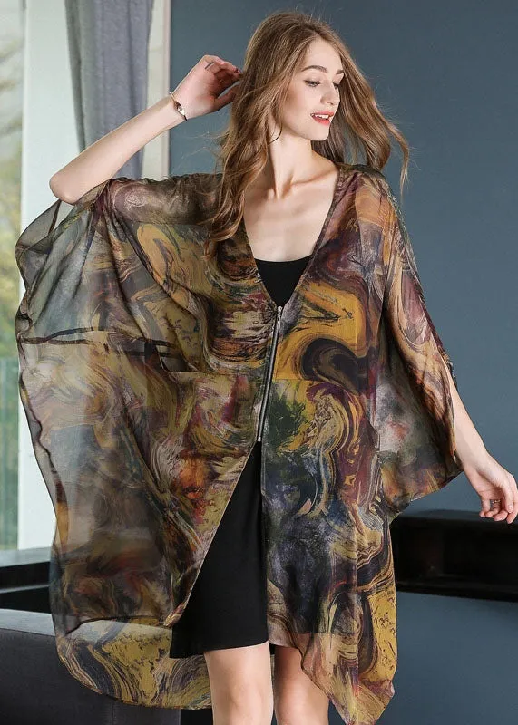 Casual Khaki Oversized Print Chiffon UPF 50  Coat Jacket Batwing Sleeve LY0334