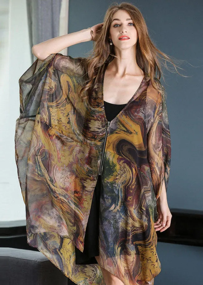 Casual Khaki Oversized Print Chiffon UPF 50  Coat Jacket Batwing Sleeve LY0334