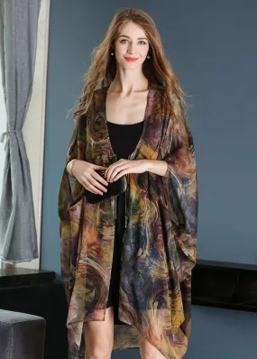 Casual Khaki Oversized Print Chiffon UPF 50  Coat Jacket Batwing Sleeve LY0334