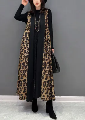 Chic Black Leopard Print Patchwork Chiffon Long Cardigan Sleeveless