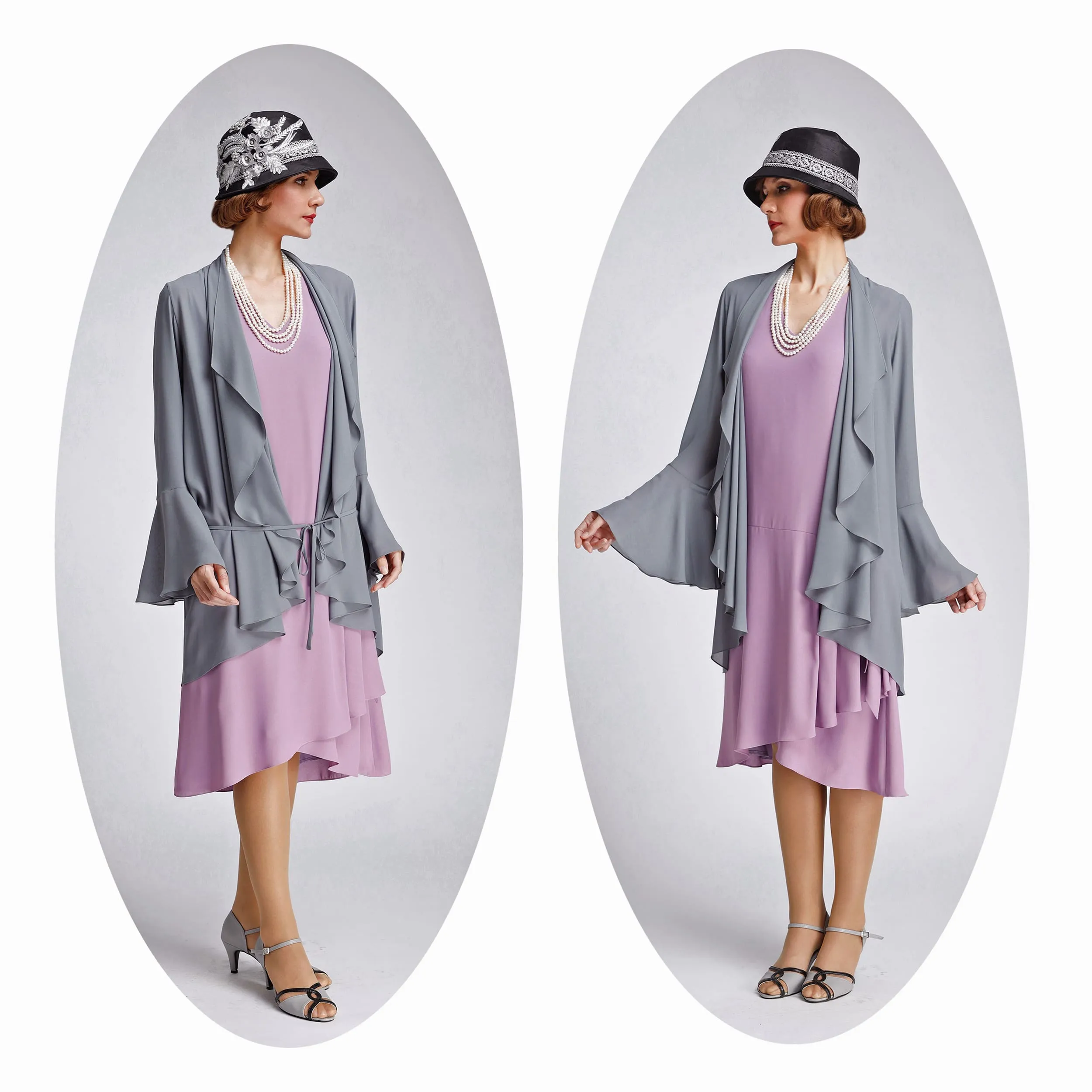 Chiffon 1920s jacket with cascade collar in grey