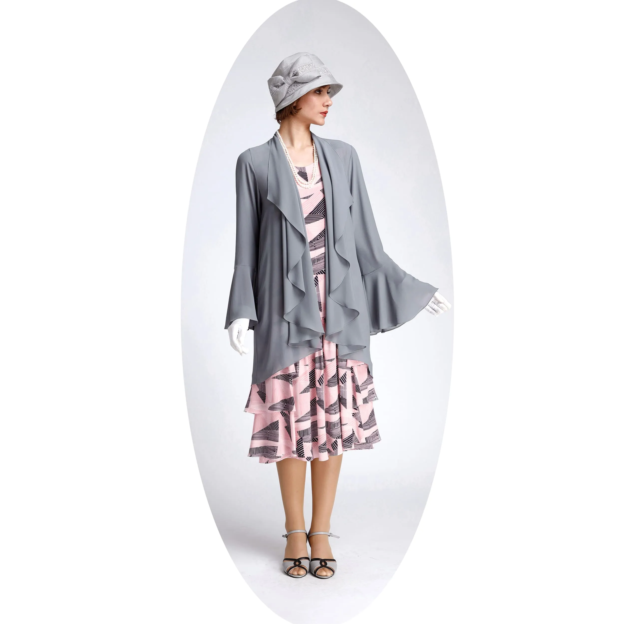 Chiffon 1920s jacket with cascade collar in grey