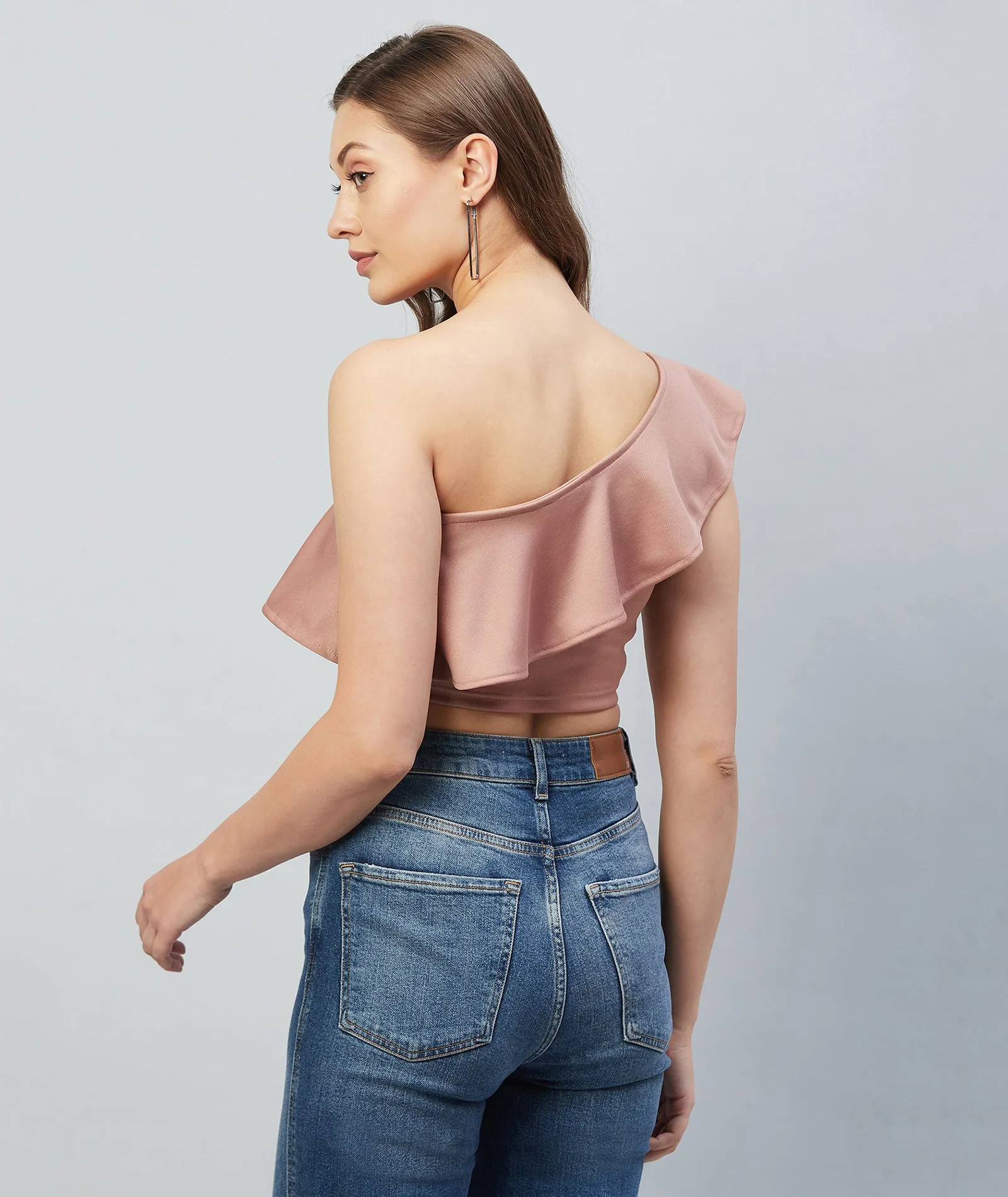 Chimpaaanzee Women Pink Solid One Shoulder Crop Top