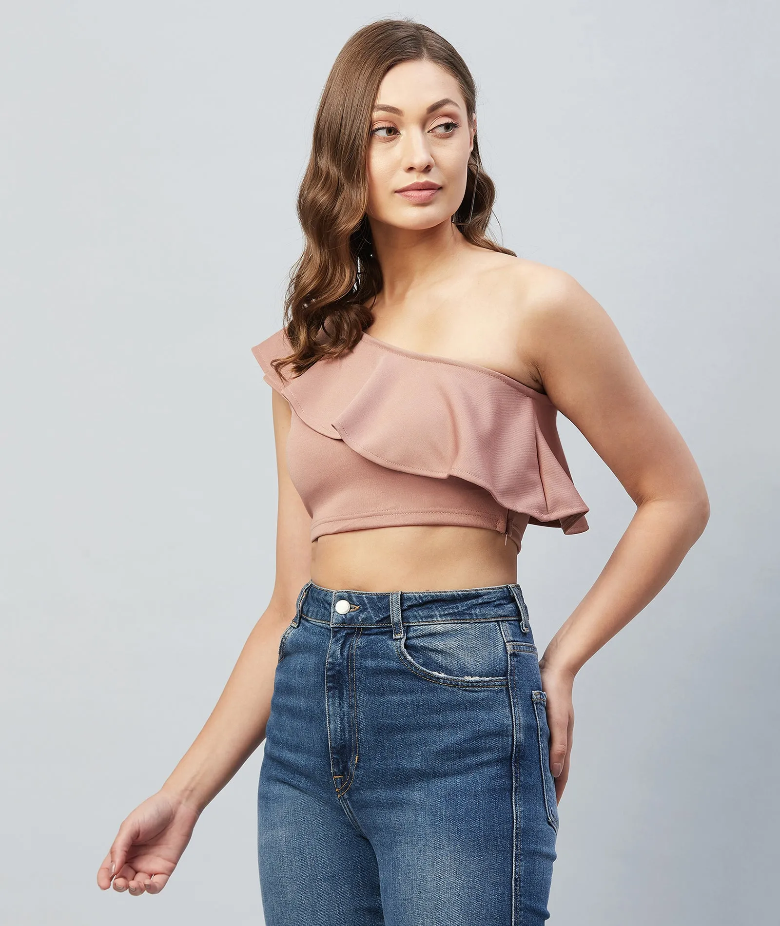 Chimpaaanzee Women Pink Solid One Shoulder Crop Top