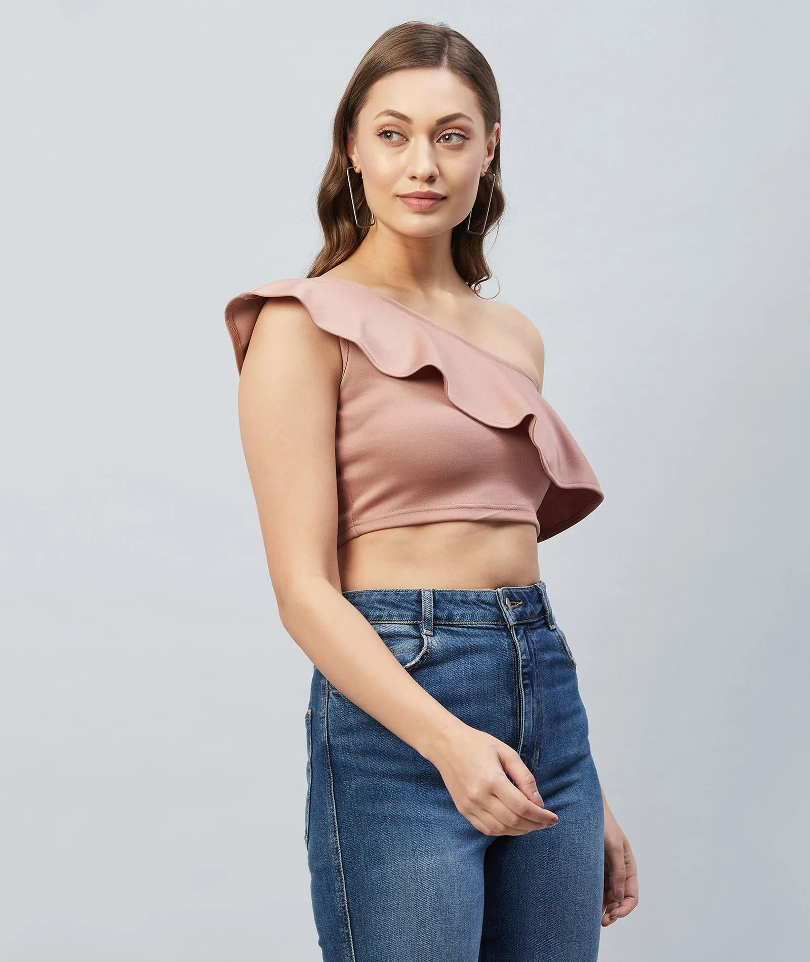 Chimpaaanzee Women Pink Solid One Shoulder Crop Top