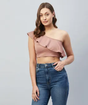 Chimpaaanzee Women Pink Solid One Shoulder Crop Top