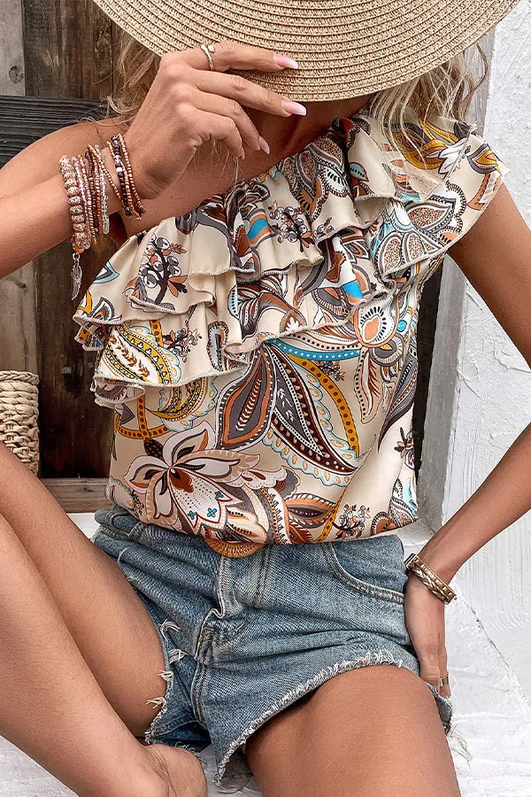 Fashion Printed One Shoulder Casual Tops