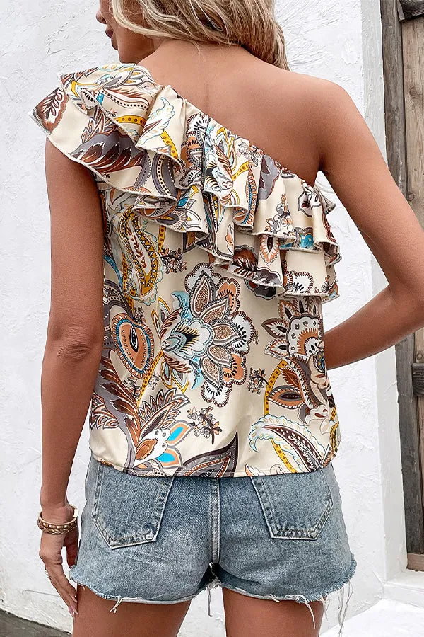 Fashion Printed One Shoulder Casual Tops