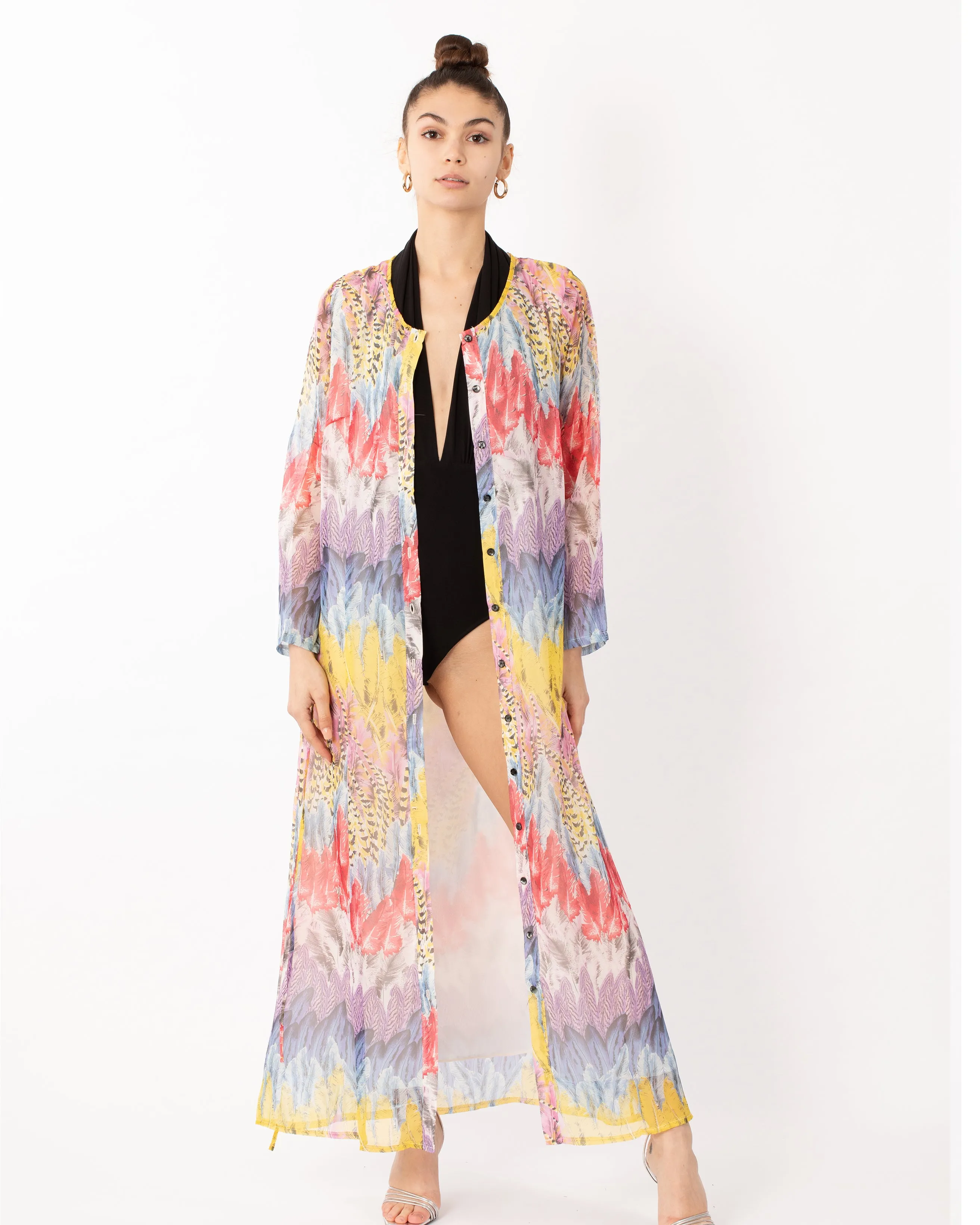 Feather print long shirt dress cardigan
