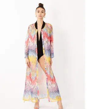 Feather print long shirt dress cardigan