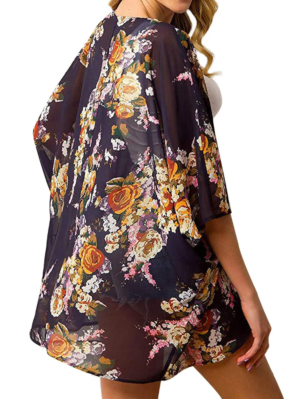 Floral Open Front Short Kimono Cardigan Chiffon Beach Swim Cover Up