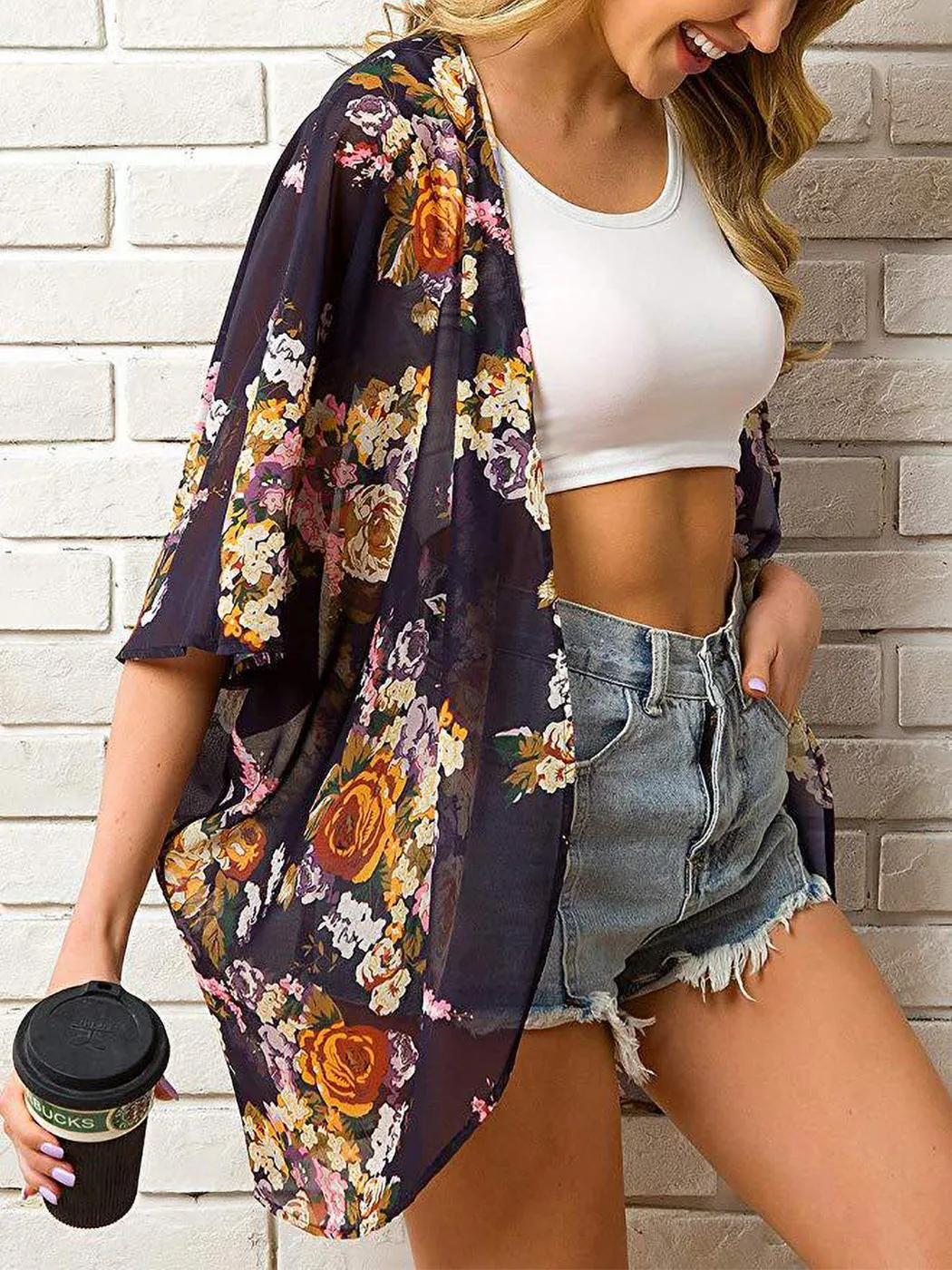 Floral Open Front Short Kimono Cardigan Chiffon Beach Swim Cover Up