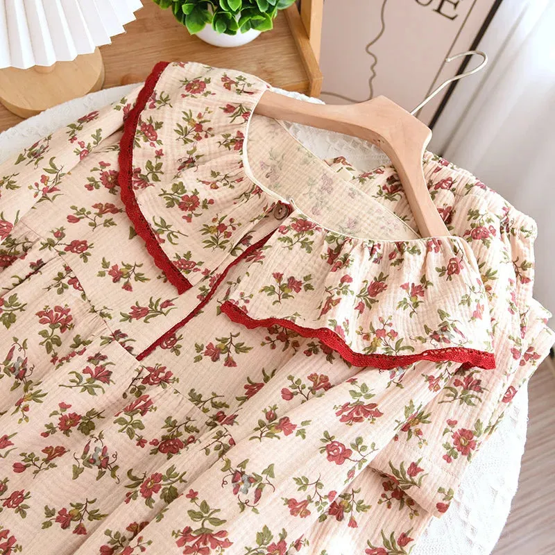 Floral Print Cotton Pajamas with Lace Trim Women’s Nightwear