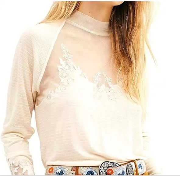 Free People SAHELI TOP Mesh Embroidery Ivory, Size XS