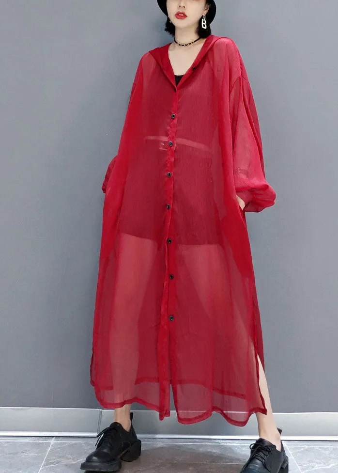 French Red Hooded Hollow Out Chiffon Long Cardigans Summer LY1658