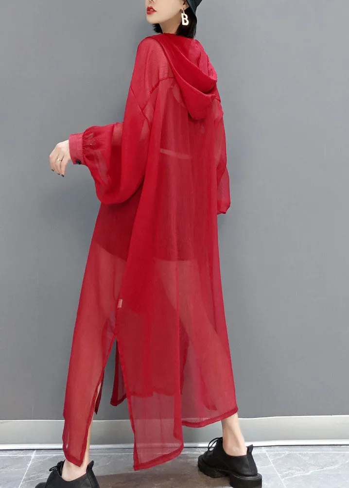 French Red Hooded Hollow Out Chiffon Long Cardigans Summer LY1658