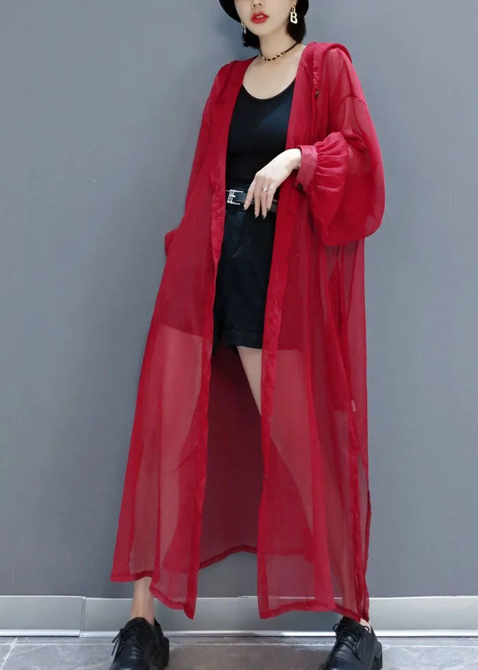 French Red Hooded Hollow Out Chiffon Long Cardigans Summer LY1658