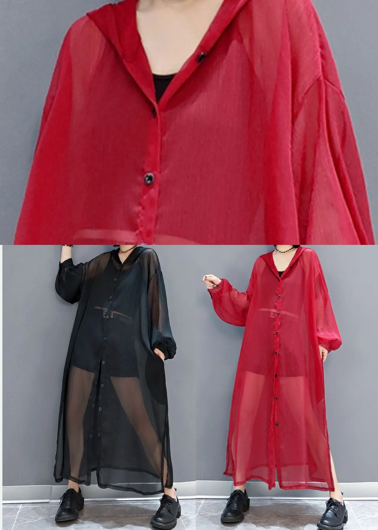 French Red Hooded Hollow Out Chiffon Long Cardigans Summer LY1658