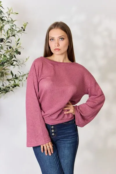 Full Size Waffle-Knit Round Neck Long Sleeve Blouse