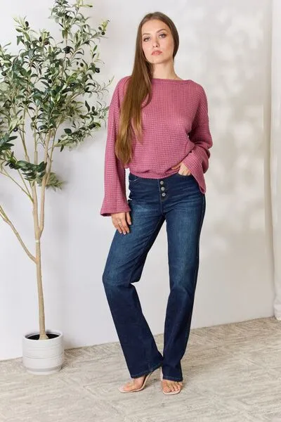 Full Size Waffle-Knit Round Neck Long Sleeve Blouse