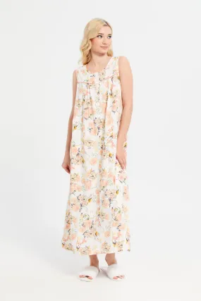 Ivory Sleeveless Printed Nightgown