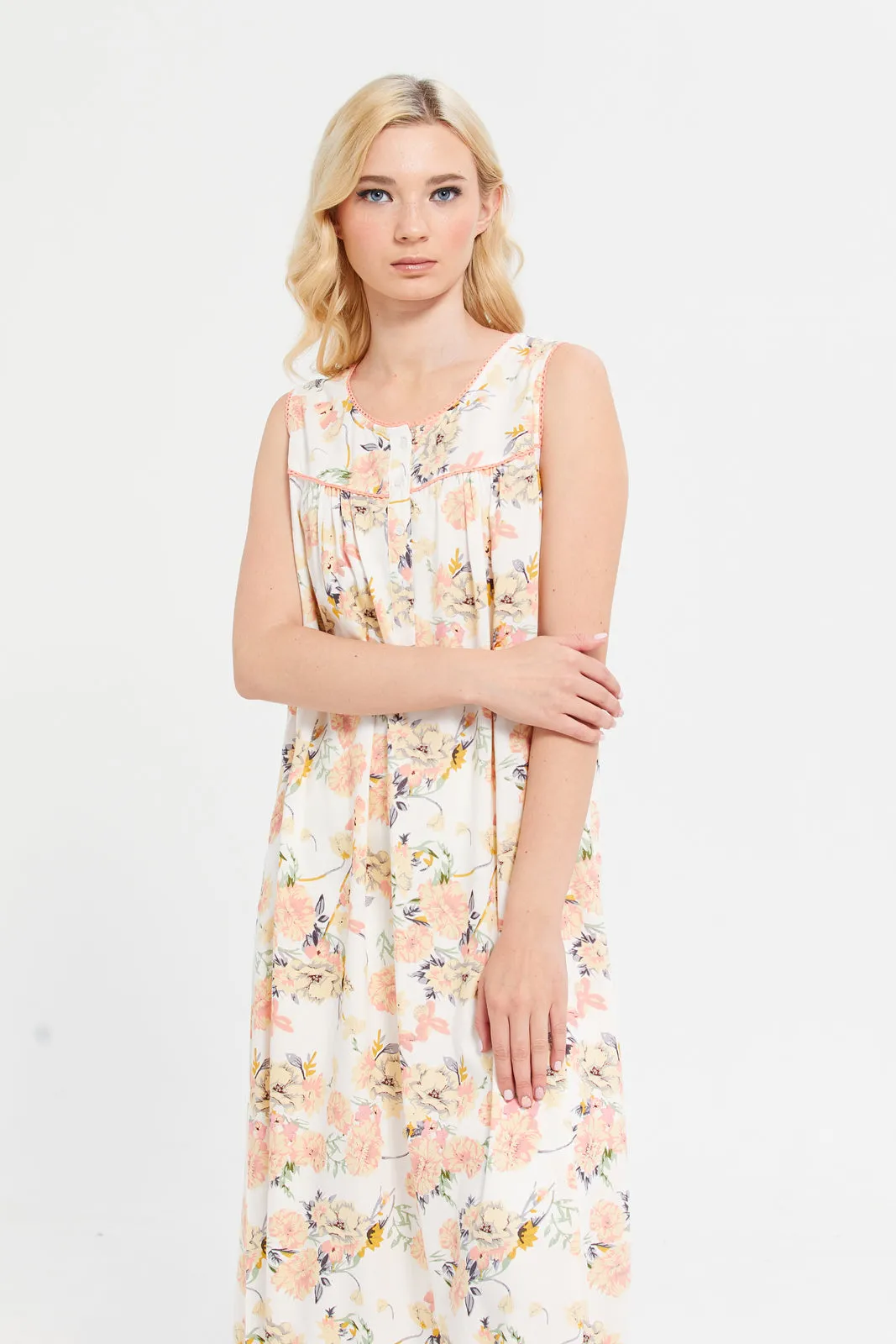 Ivory Sleeveless Printed Nightgown