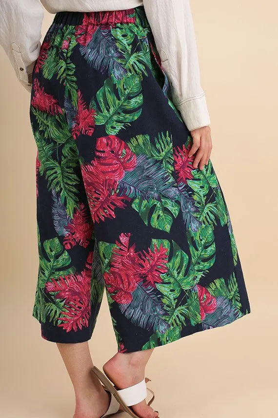 Jean Tropical Palm-Leaf Print High Waist Gaucho Pant in Navy Mix