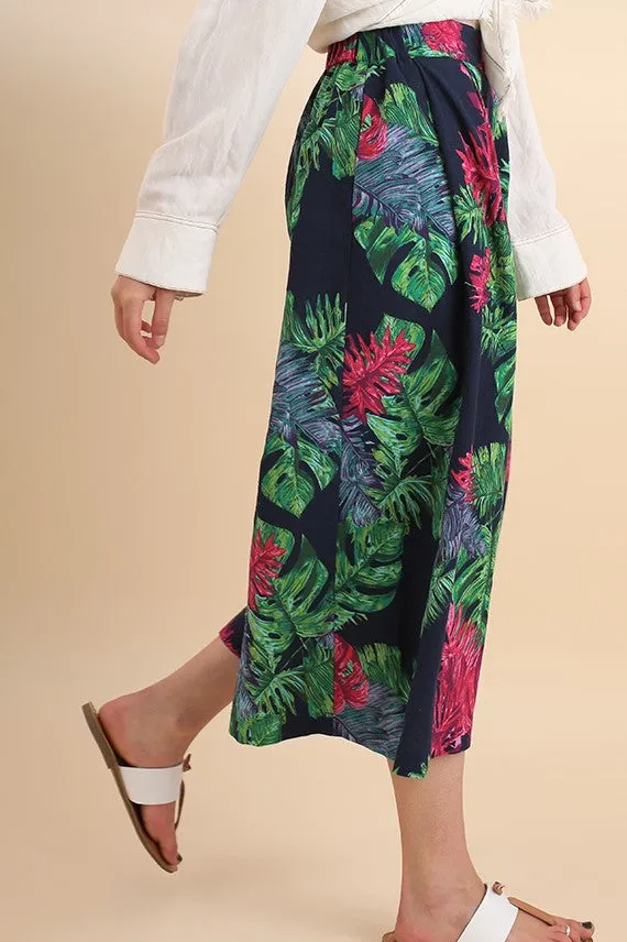 Jean Tropical Palm-Leaf Print High Waist Gaucho Pant in Navy Mix