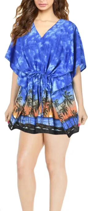 La Leela Beach Bikini Cover up SMOOTH Likre Caftan Dress Women Tunic Dark Blue