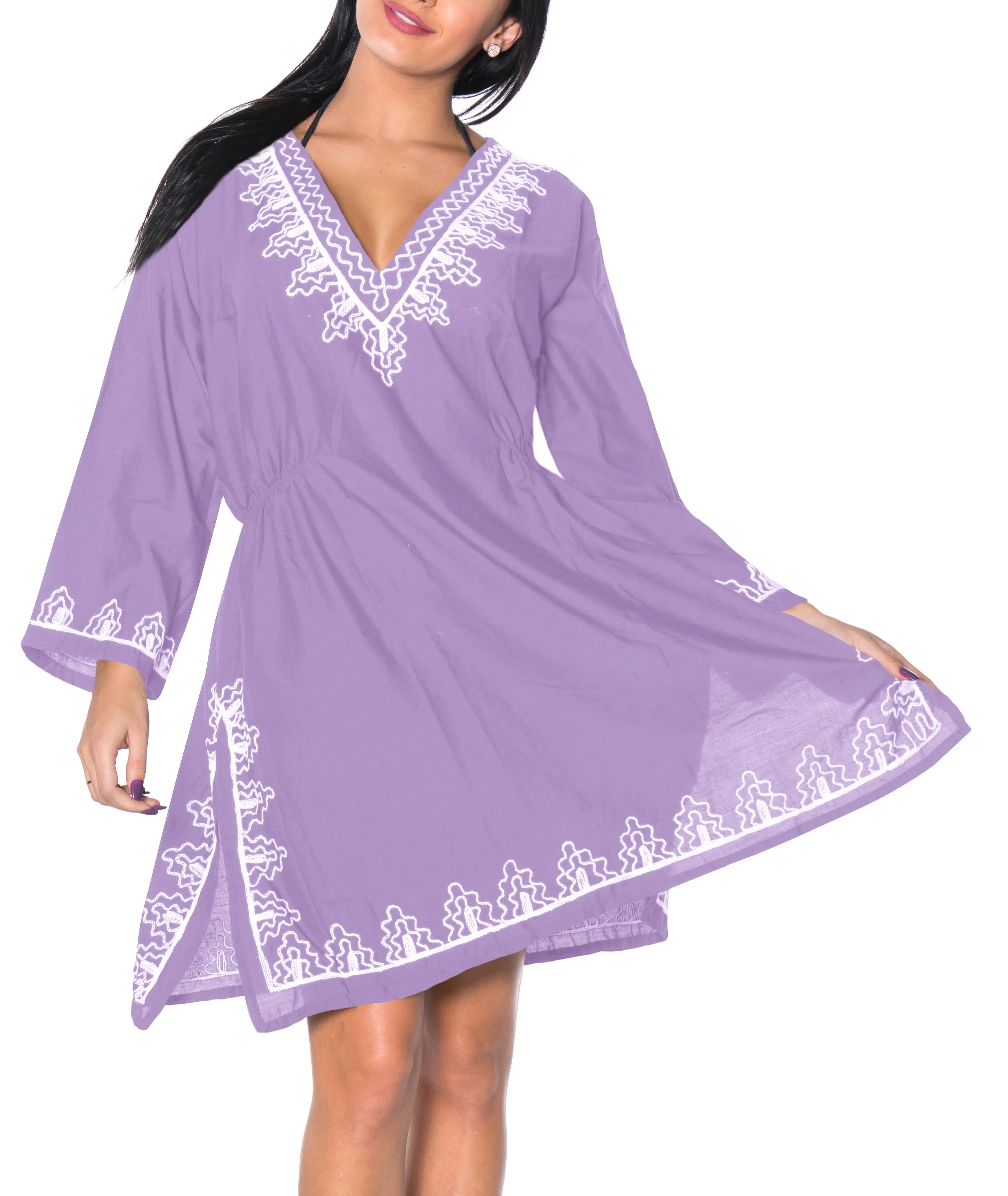 La Leela Embroidered RAYON SWIMSUIT Beach Cover up Tunic Bikini Dress Purple