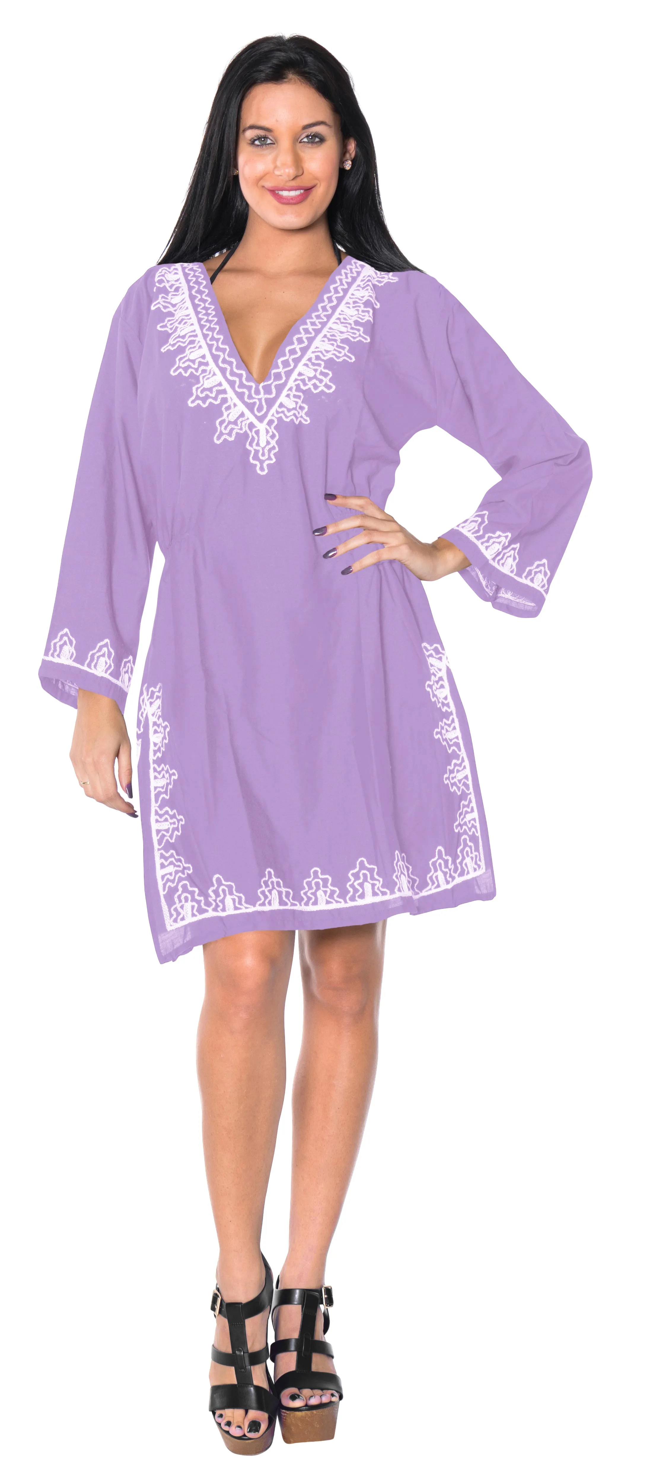 La Leela Embroidered RAYON SWIMSUIT Beach Cover up Tunic Bikini Dress Purple