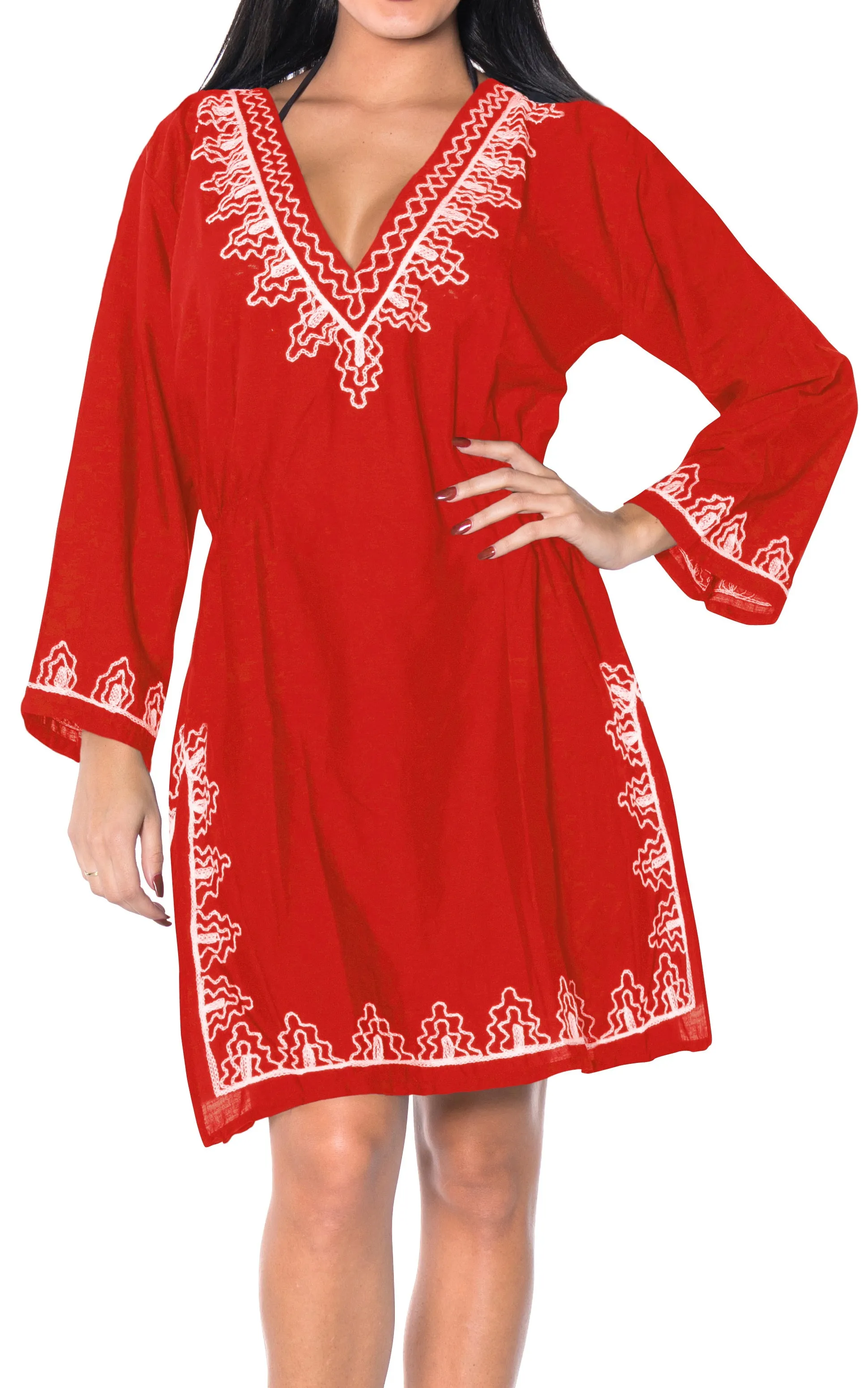 La Leela Embroidered RAYON SWIMSUIT Beach Cover up Tunic Bikini Dress Red