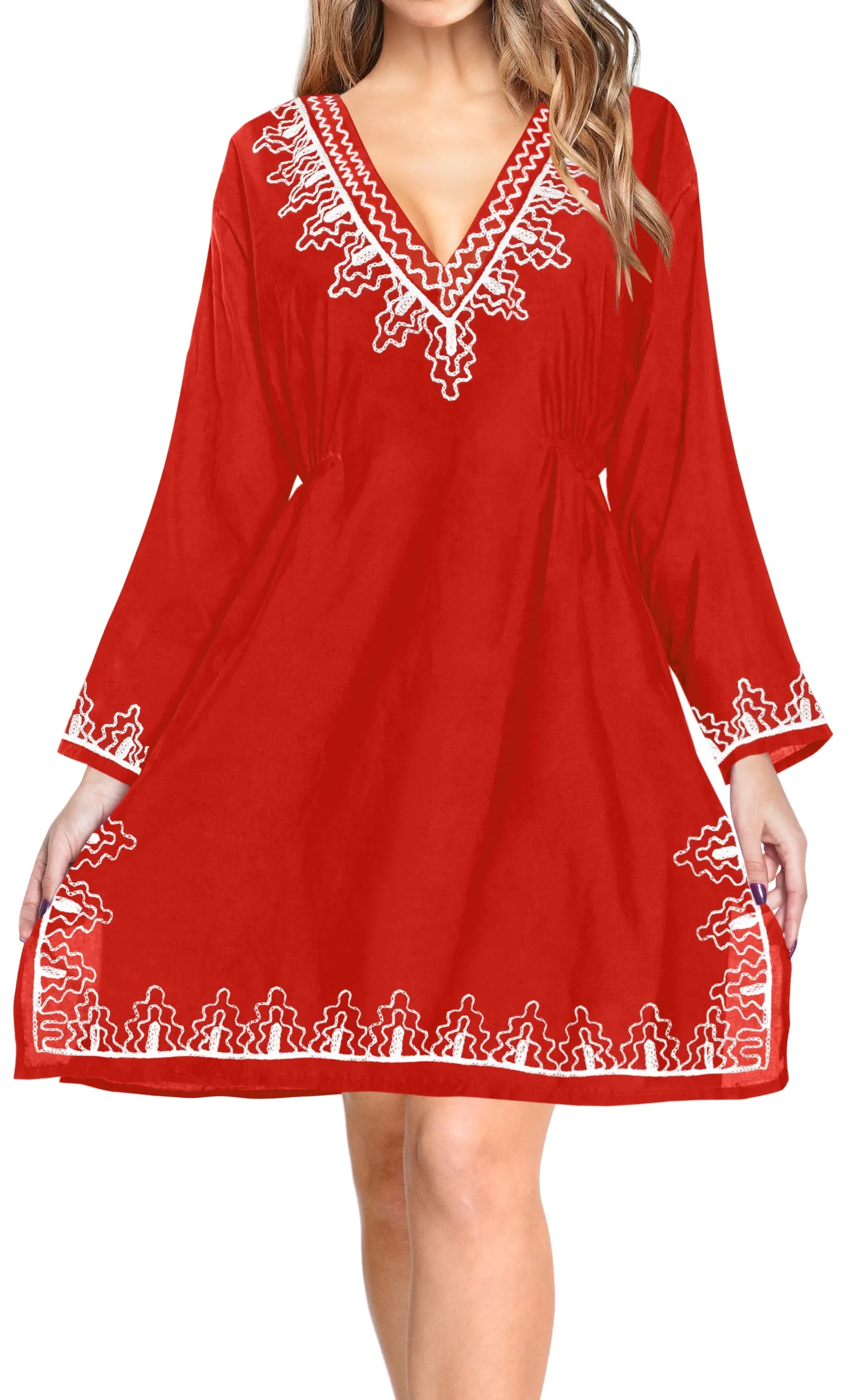 La Leela Embroidered RAYON SWIMSUIT Beach Cover up Tunic Bikini Dress Red