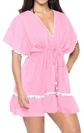 La Leela Rayon V NECK POM POM LACE Beach SWIMSUIT Cover up TUNIC Light Pink