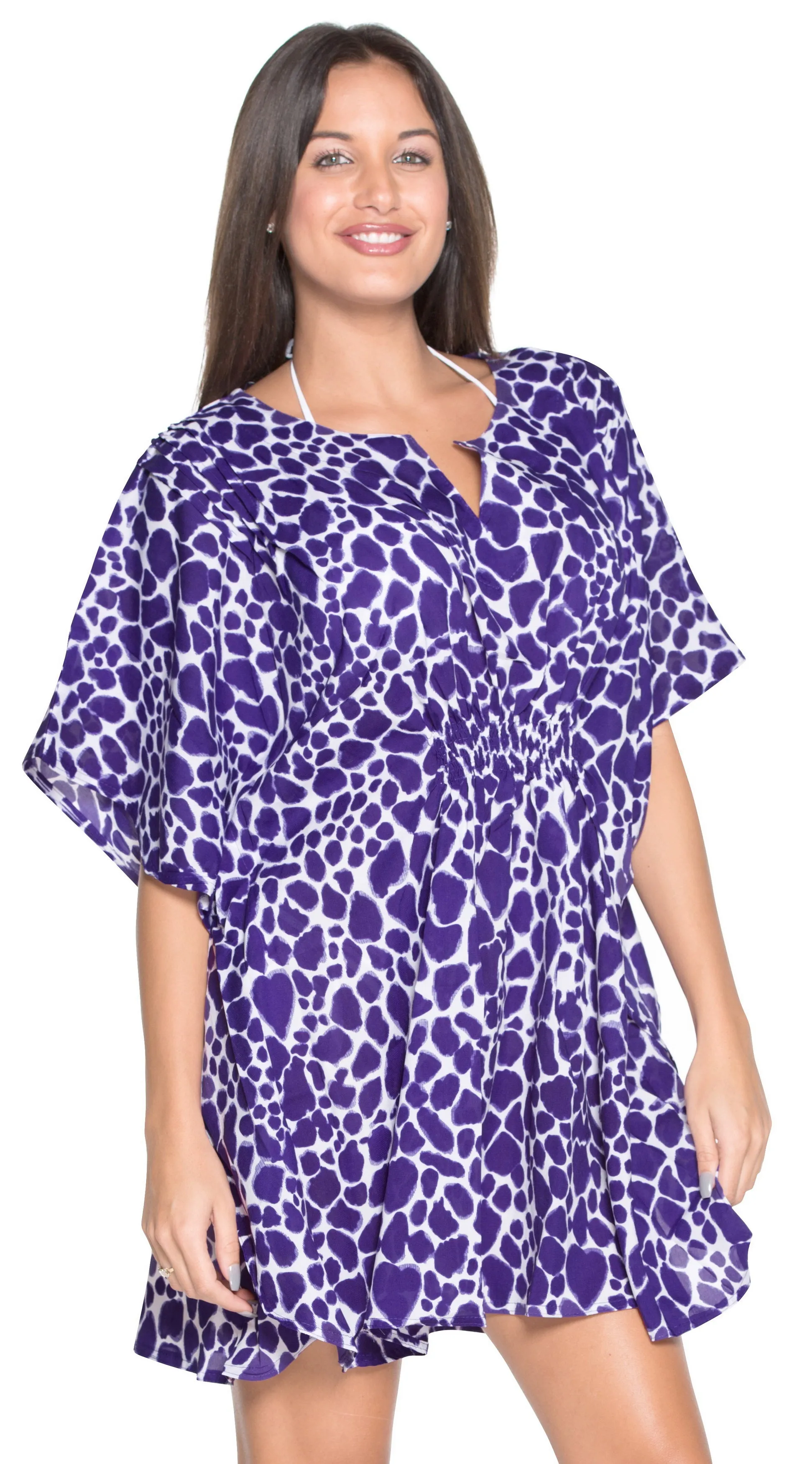 La Leela SOFT Likre Elasticated TUNIC Swimwear Short Beach Dress Cover up Purple