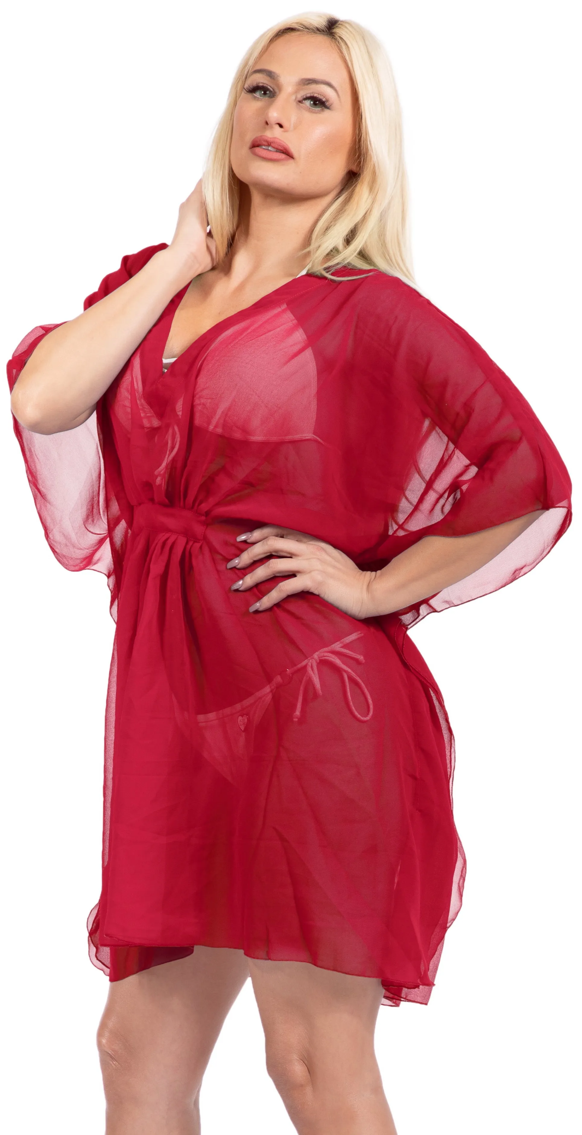 LA LEELA Swimsuit Cover ups Beach Kimono Dress For Women Red_Y408 OSFM 4-14{S-L]