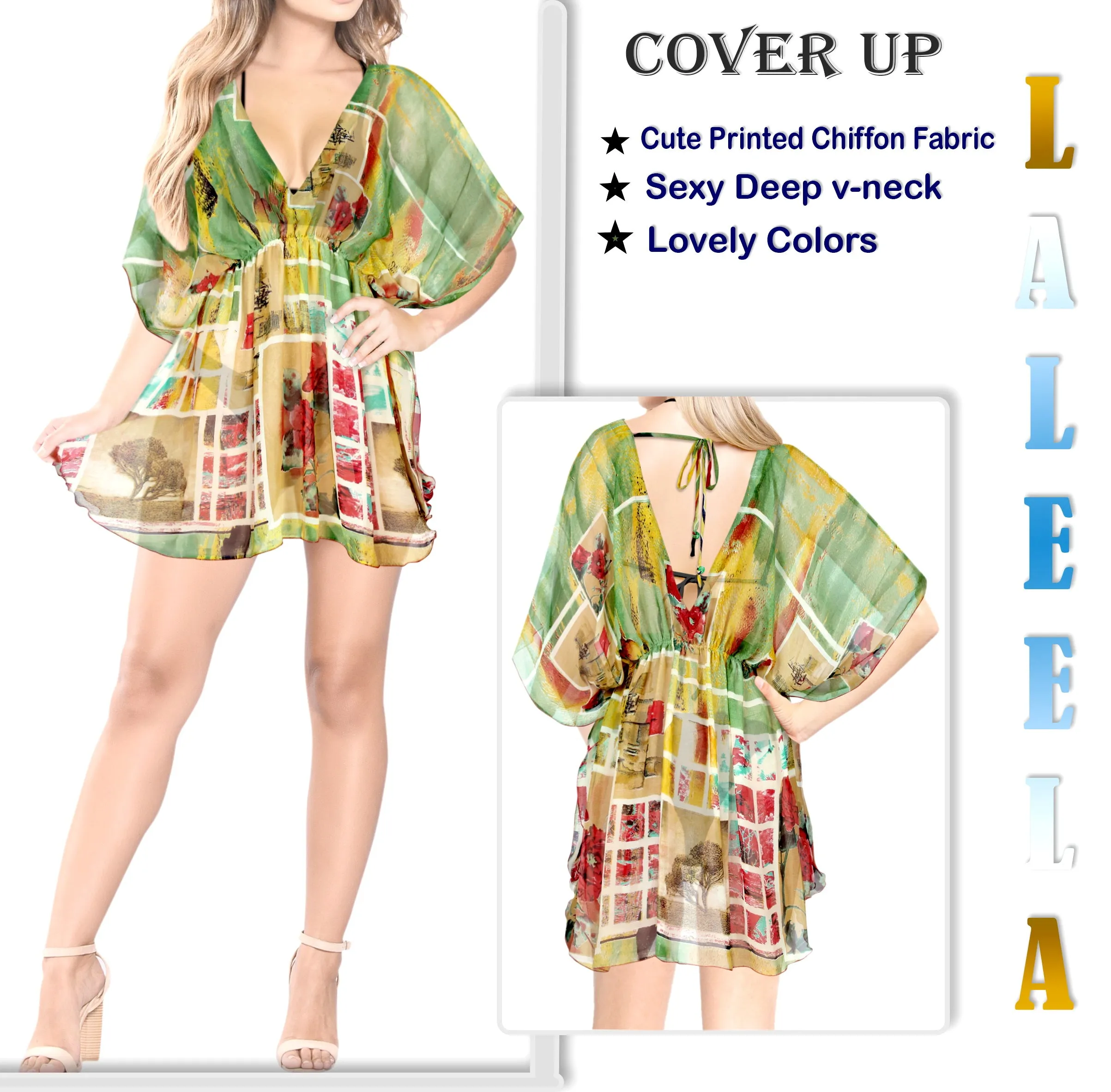 LA LEELA Women's Mini Kaftan Bikini Swimwear Cover Ups Dress US 8-16W Green_L898