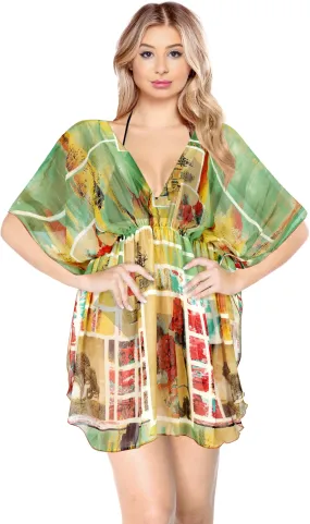 LA LEELA Women's Mini Kaftan Bikini Swimwear Cover Ups Dress US 8-16W Green_L898