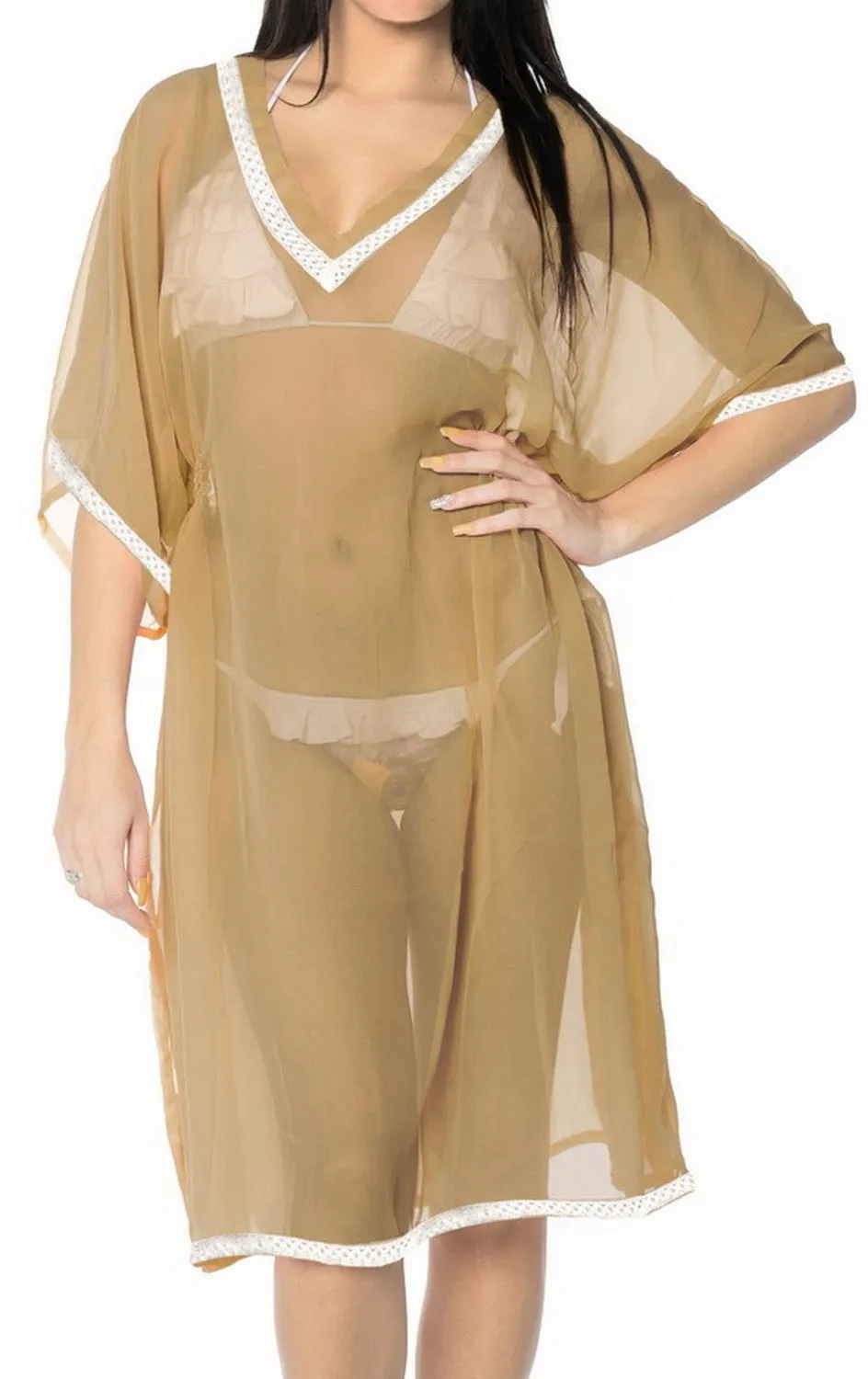 Ladies Sheer Chiffon Brown Lace Work Beach Swimsuit TOP Cover up Caftan Dress