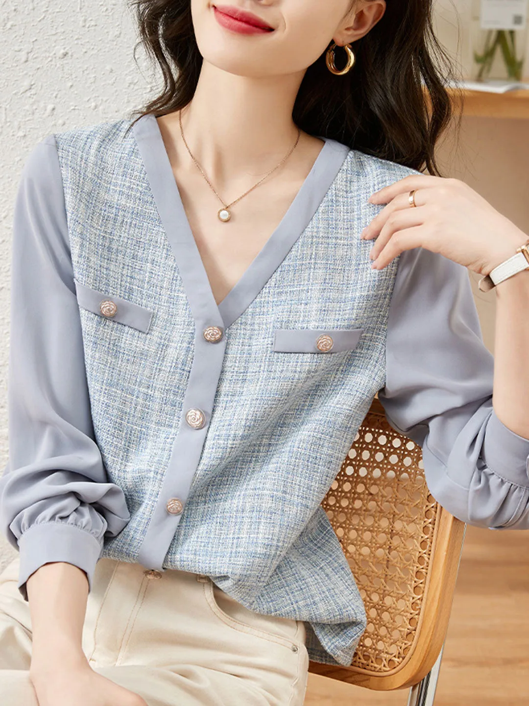 Lauren Retro V-neck Chiffon Panel Cardigan