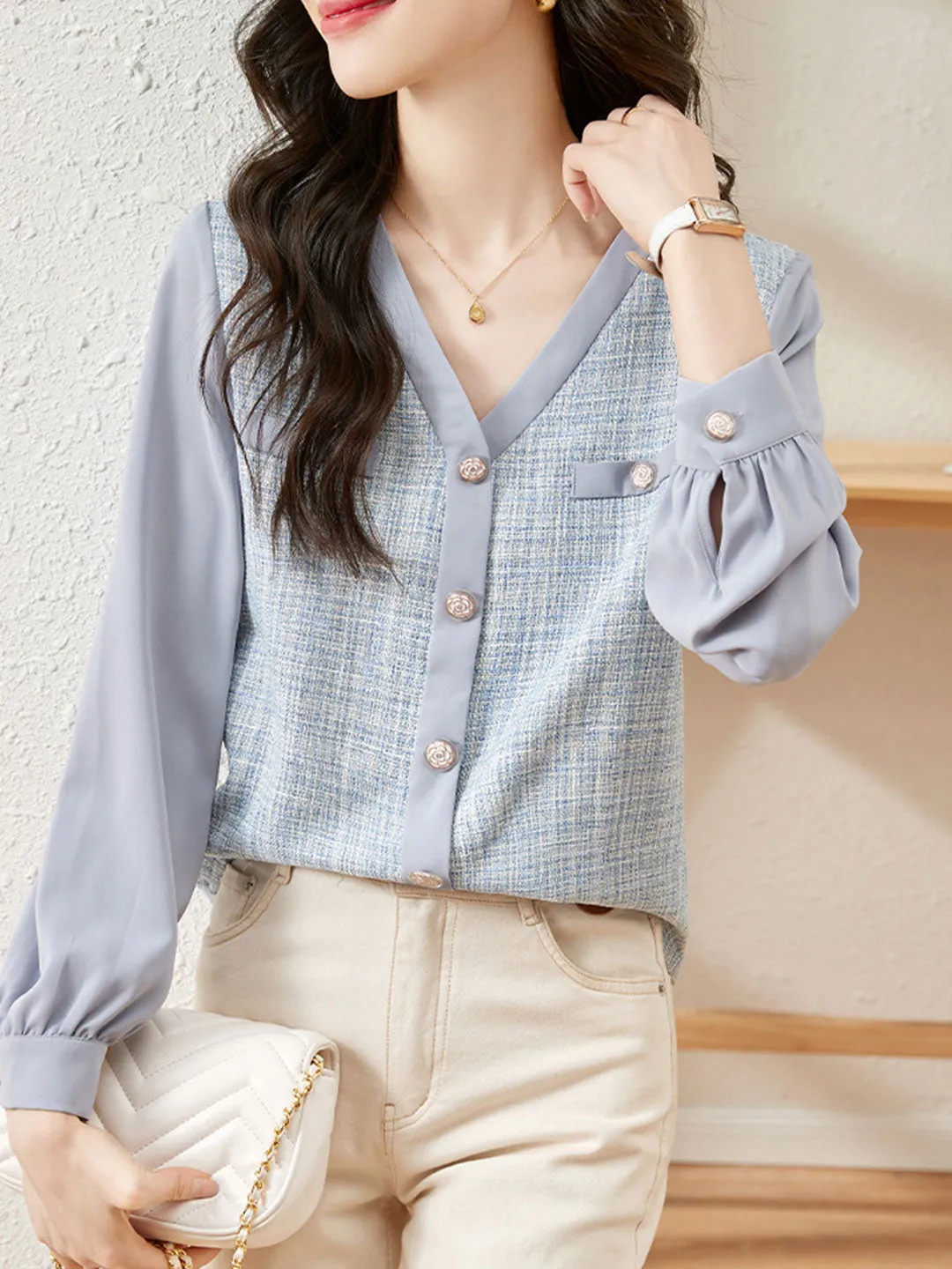 Lauren Retro V-neck Chiffon Panel Cardigan