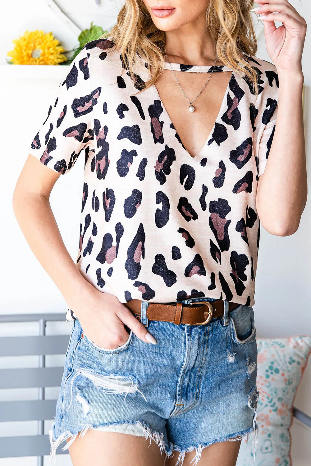 Leopard Cutout Short Sleeve Top