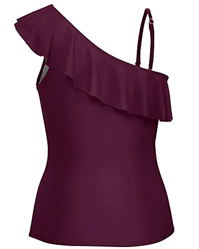 Long Torso Friendly One Shoulder Tankini Tops Front Ruching For Women-Maroon