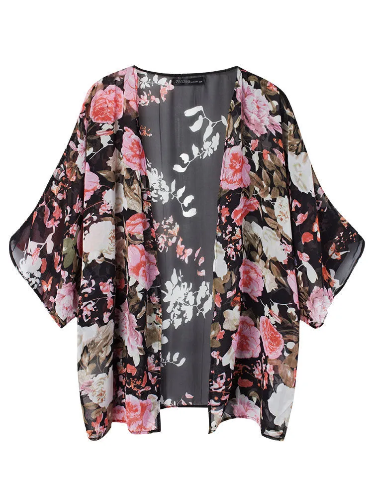 Loose Floral Batwing Short Sleeves Chiffon Cardigans For Women