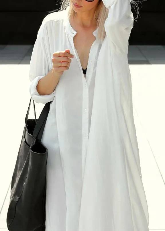 Loose White Stand Button long shirts Mid Dress Summer