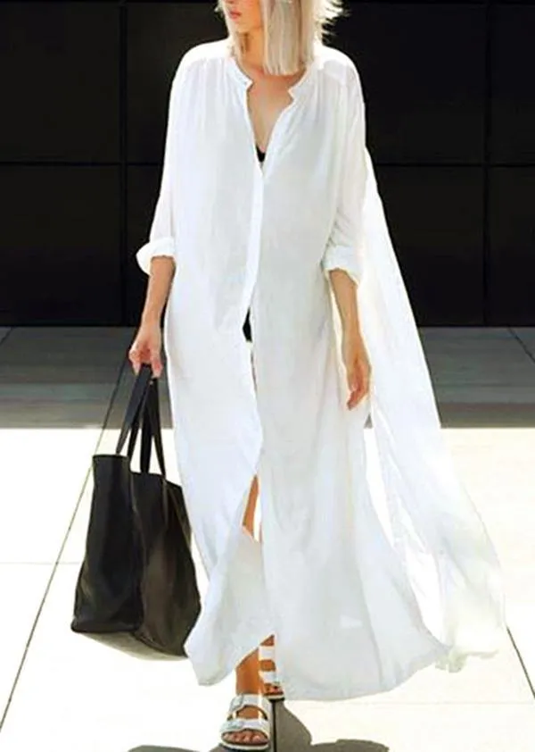 Loose White Stand Button long shirts Mid Dress Summer