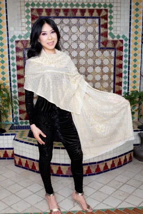 Modern White and Gold Assuit Shawl With Mixed Motif Design