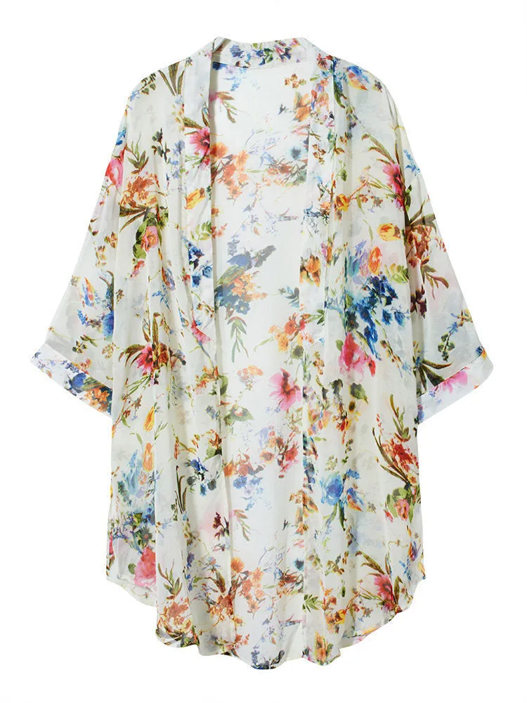 Multicolor Floral Print Half Sleeve Chiffon Women Cardigans