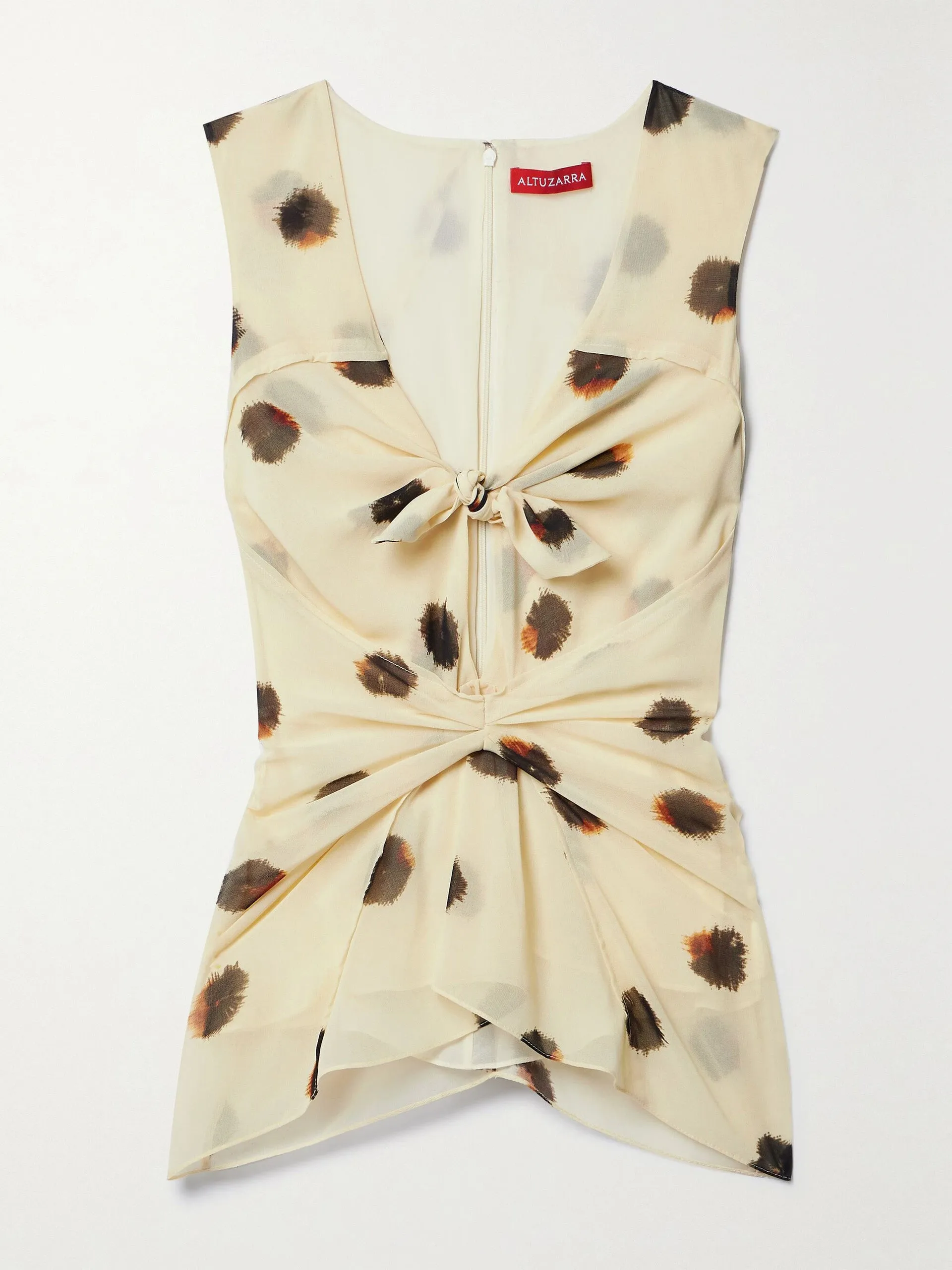 Pan tie-front gathered polka-dot crepe de chine top